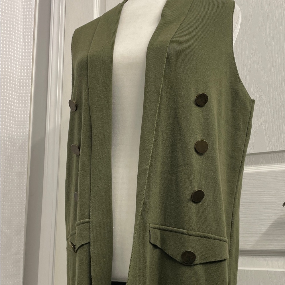 Olive Green Long Sleeveless Waterfall Open Knit Vest Sz M - Picture 3 of 15